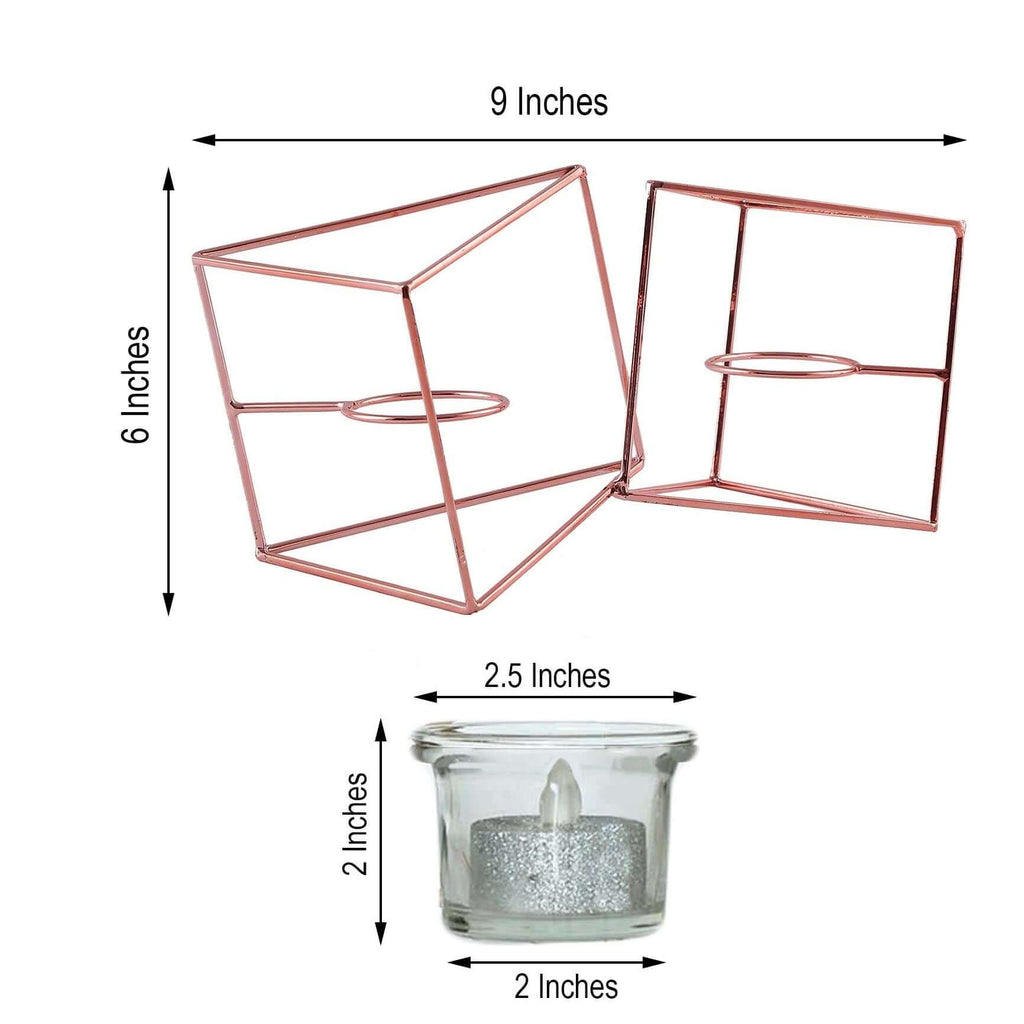 Set of Metal Candle Holders Linked Geometric Design Rose Gold - Chic Votive Glass Decor for Events & Gatherings 9"