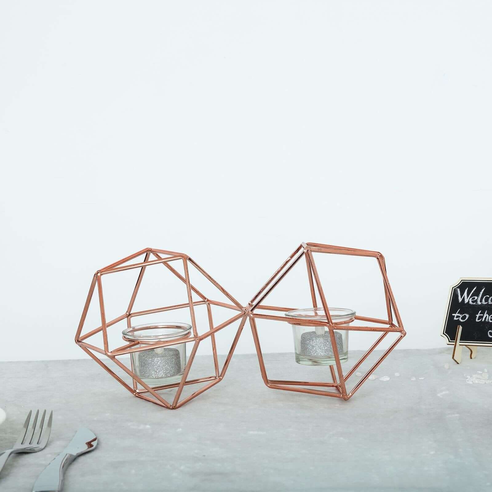 Set of Metal Candle Holders Linked Geometric Design Rose Gold - Modern Table Decor with Votive Glass for Gatherings 11"