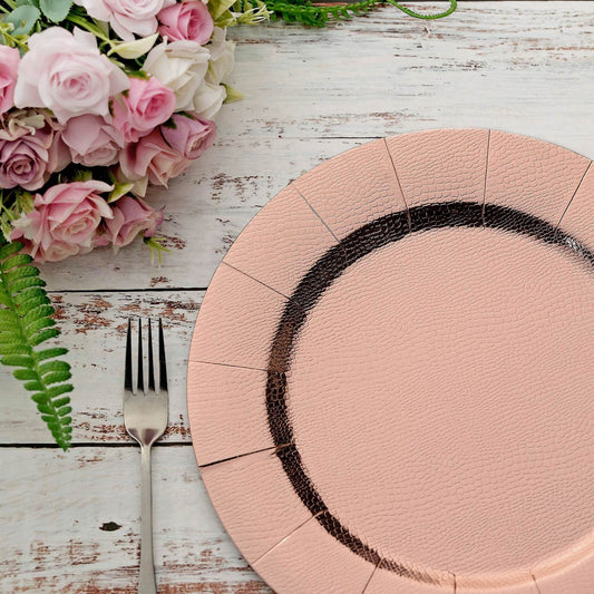10-Pack Disposable Round Charger Plates in Rose Gold with Leathery Texture - Durable 1100GSM Cardboard Placemats 13"