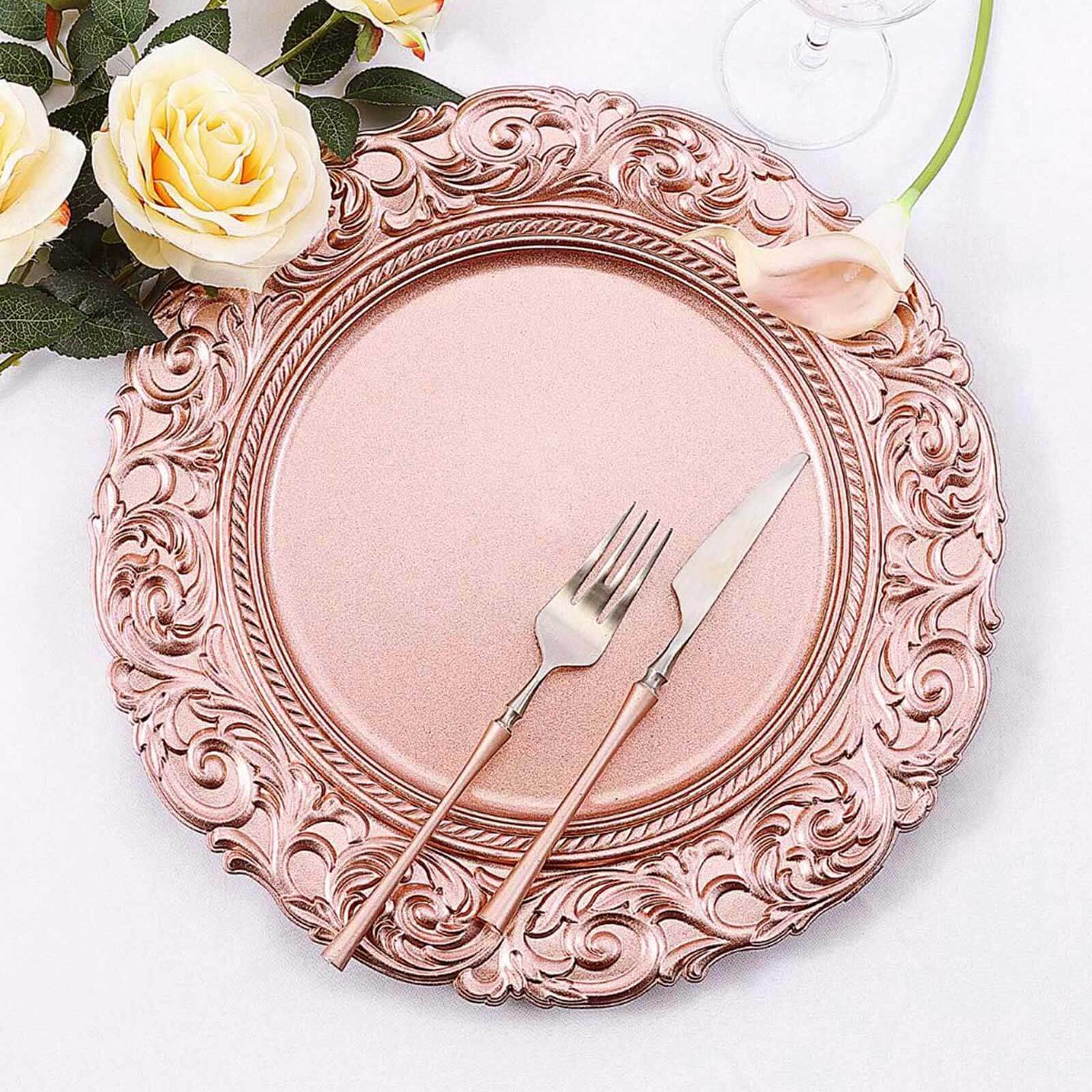 6-Pack Acrylic Round Charger Plates 14" in Rose Gold with Engraved Baroque Rim, Vintage Disposable Decorative Chargers