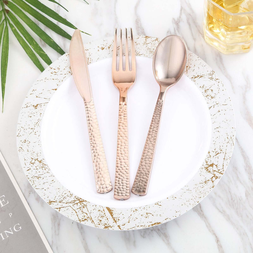 24-Pack Plastic Forks with Hammered Style Rose Gold - Heavy Duty Disposable Silverware 7"