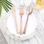 24-Pack Plastic Forks with Hammered Style Rose Gold - Heavy Duty Disposable Silverware 7"