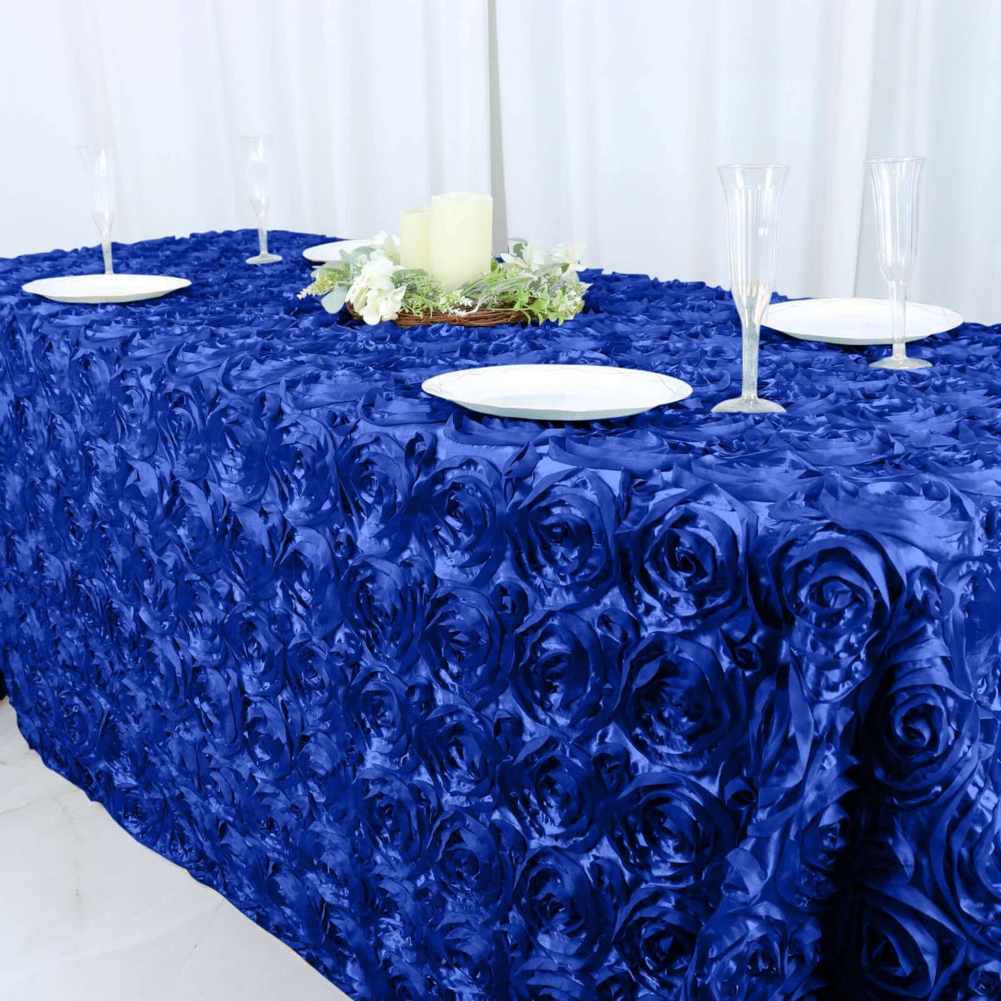 Satin 90"x132" Rectangle Tablecloth Royal Blue - Grandiose 3D Rosette Seamless Table Cover