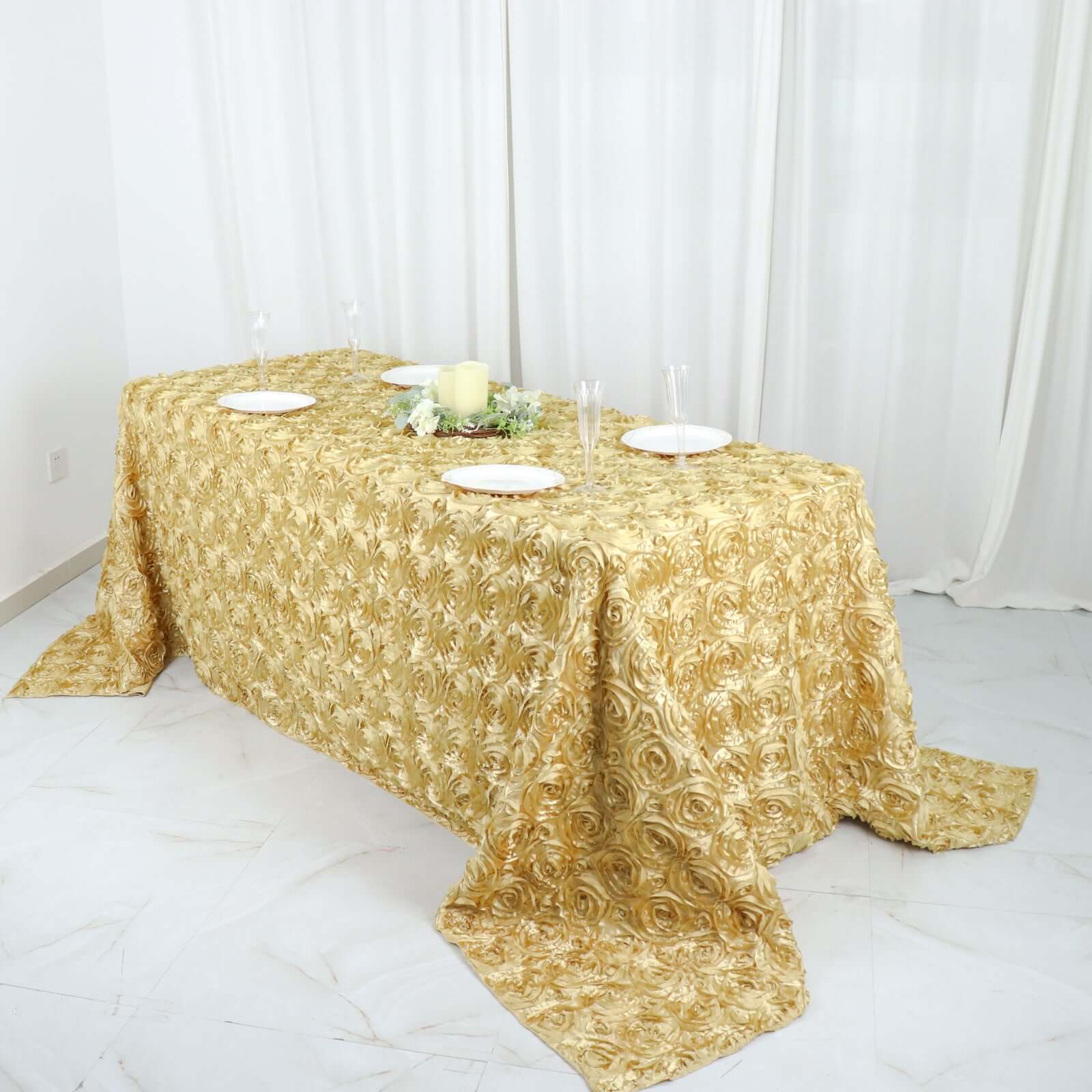 Satin 90"x132" Rectangle Tablecloth Champagne - Grandiose 3D Rosette Seamless Table Cover