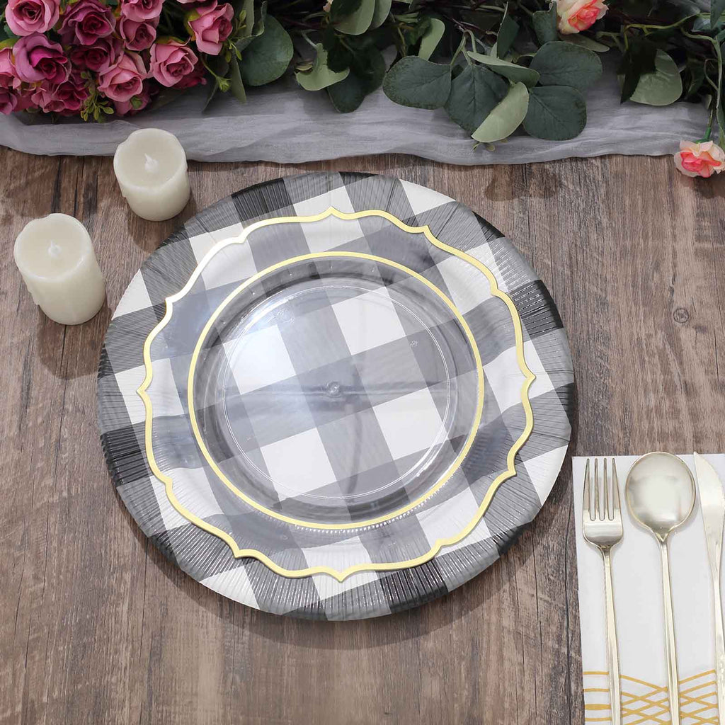 10-Pack Disposable Paper Charger Plates â€“ Black/White Buffalo Plaid 13" Round Table Chargers, 350 GSM Cardstock