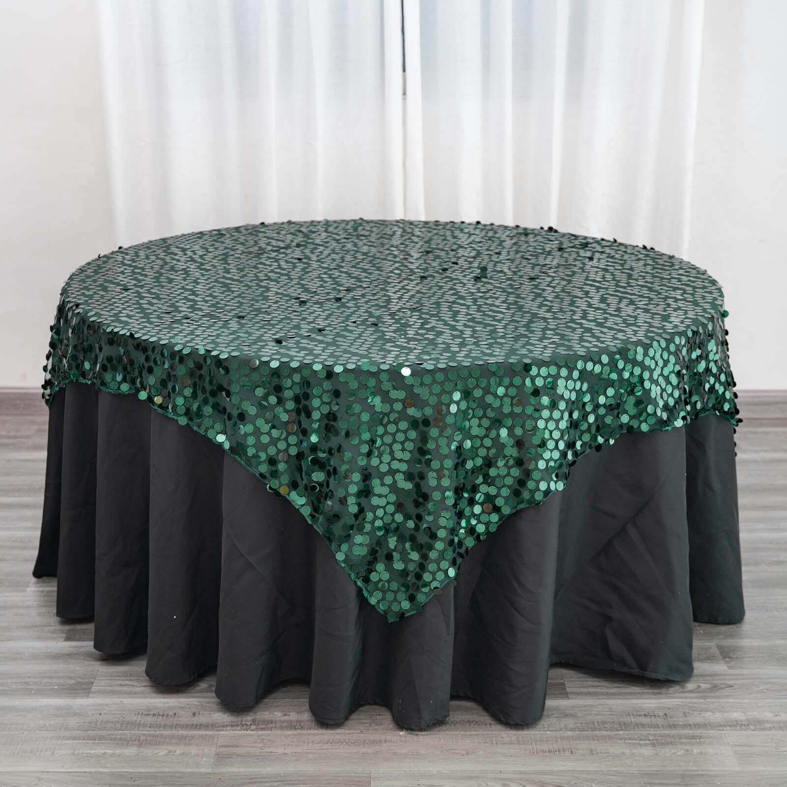 Sequin 72"x72" Table Overlay Square Tablecloth Hunter Emerald Green - Big Payette Table Cover