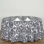 Taffeta 120" Round Tablecloth Black - Seamless Velvet Flocking Damask Design for Sophisticated Gatherings