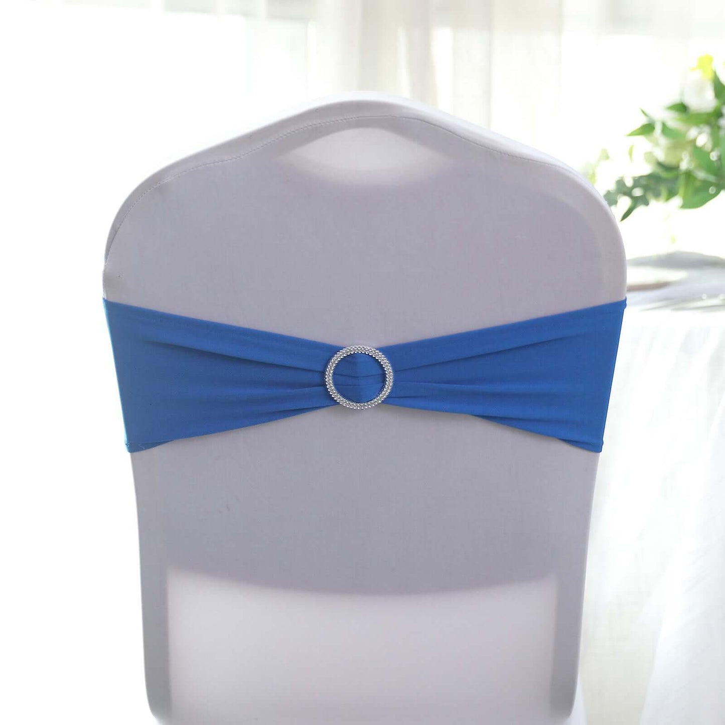 5 Pack Stretch Spandex Chair Sashes Royal Blue - Reusable Chair Bands with Silver Diamond Ring Slide Buckle 5"x14"