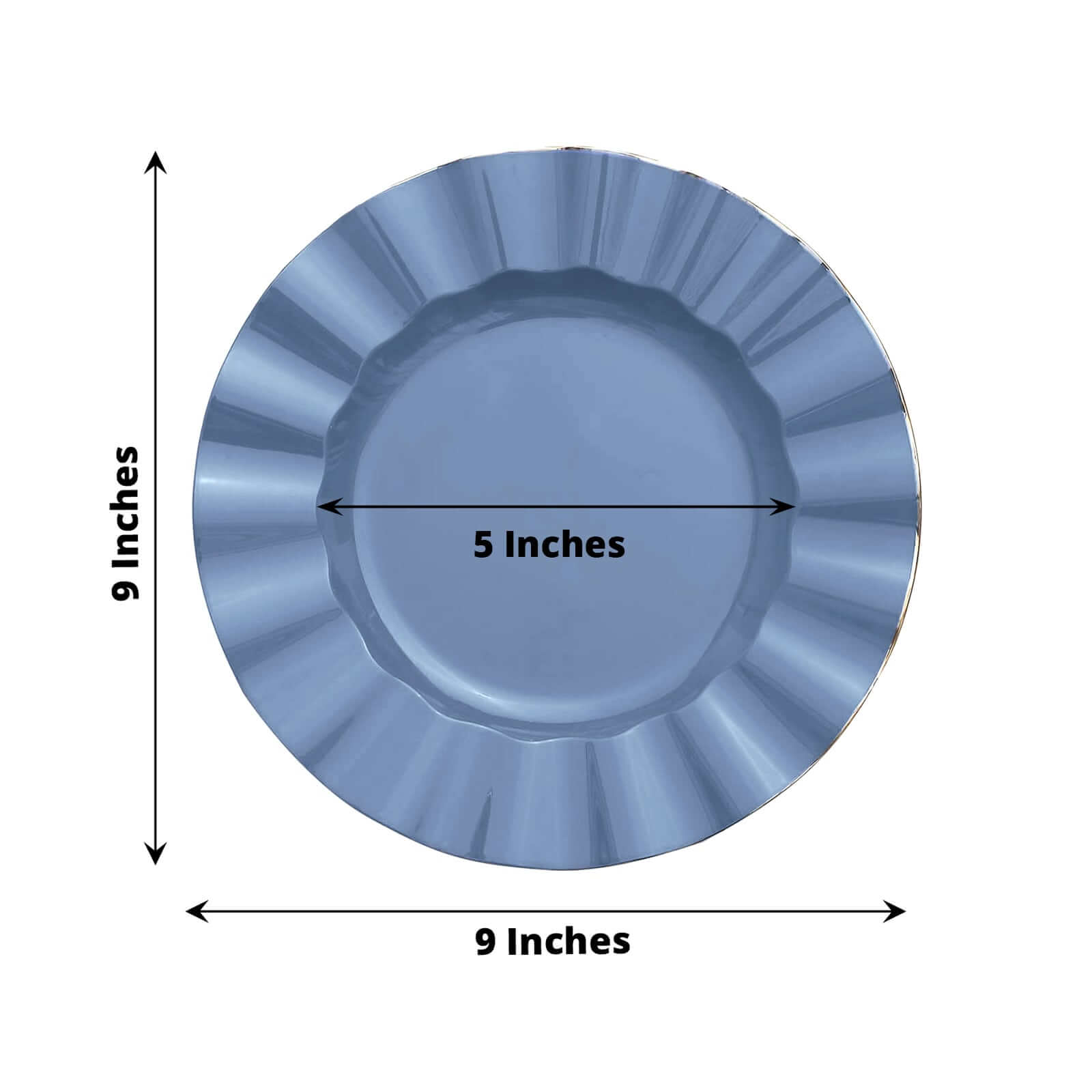 10-Pack Plastic 9" Round Dinner Plates in Ocean Blue Ruffled Rim with Gold Edging - Sturdy Disposable Dinnerware