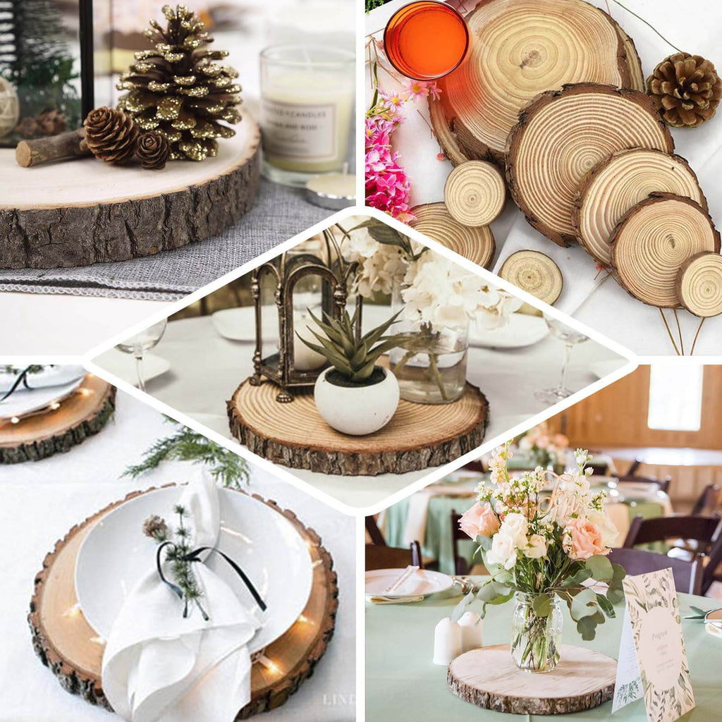 15" Dia Natural Wood Charger Plates With Bark Edge Wood Slice Chargers Rustic Wedding Table Settings