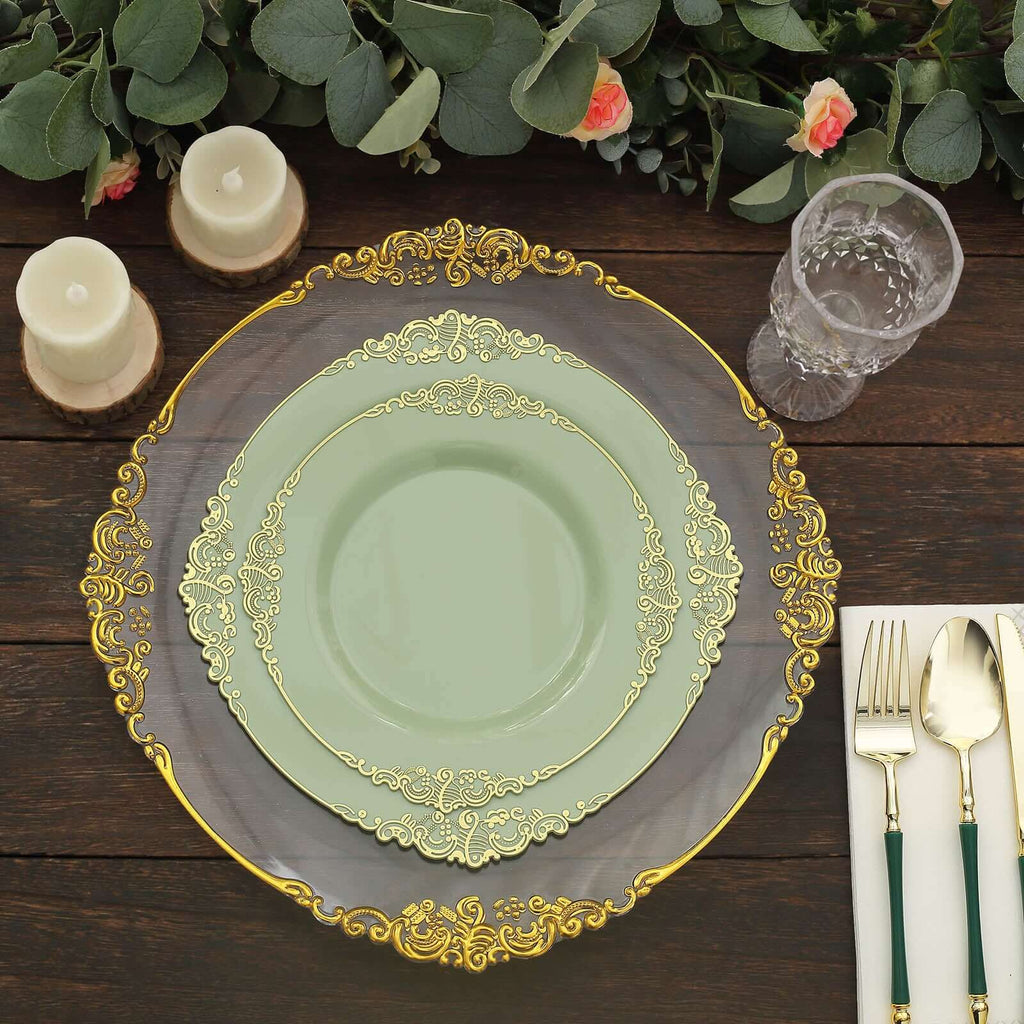 10-Pack Plastic 10" Round Dinner Plates in Sage Green with Gold Leaf Embossed Rim - Disposable Vintage Baroque Style Plates