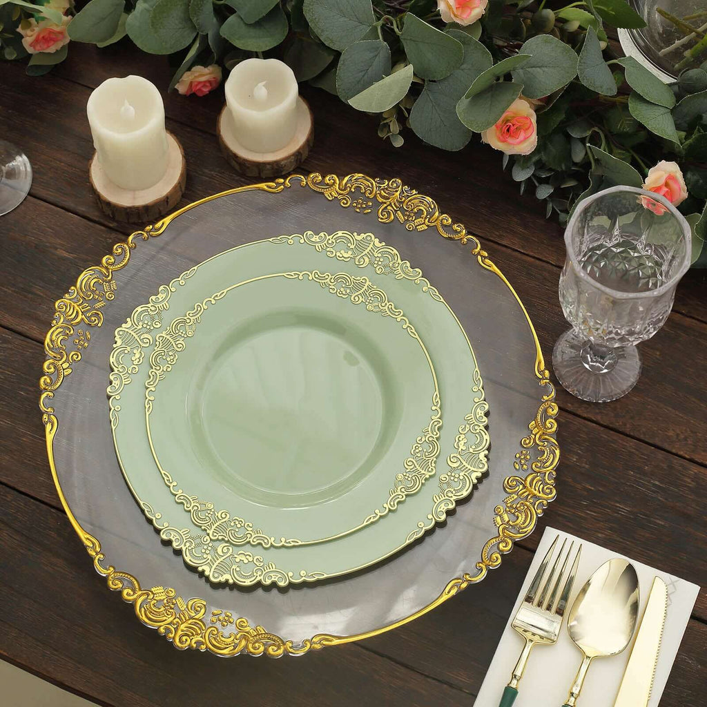 10-Pack Plastic 8" Round Dessert Plates in Sage Green with Gold Leaf Embossed Rim - Disposable Vintage Baroque Style Salad Plates