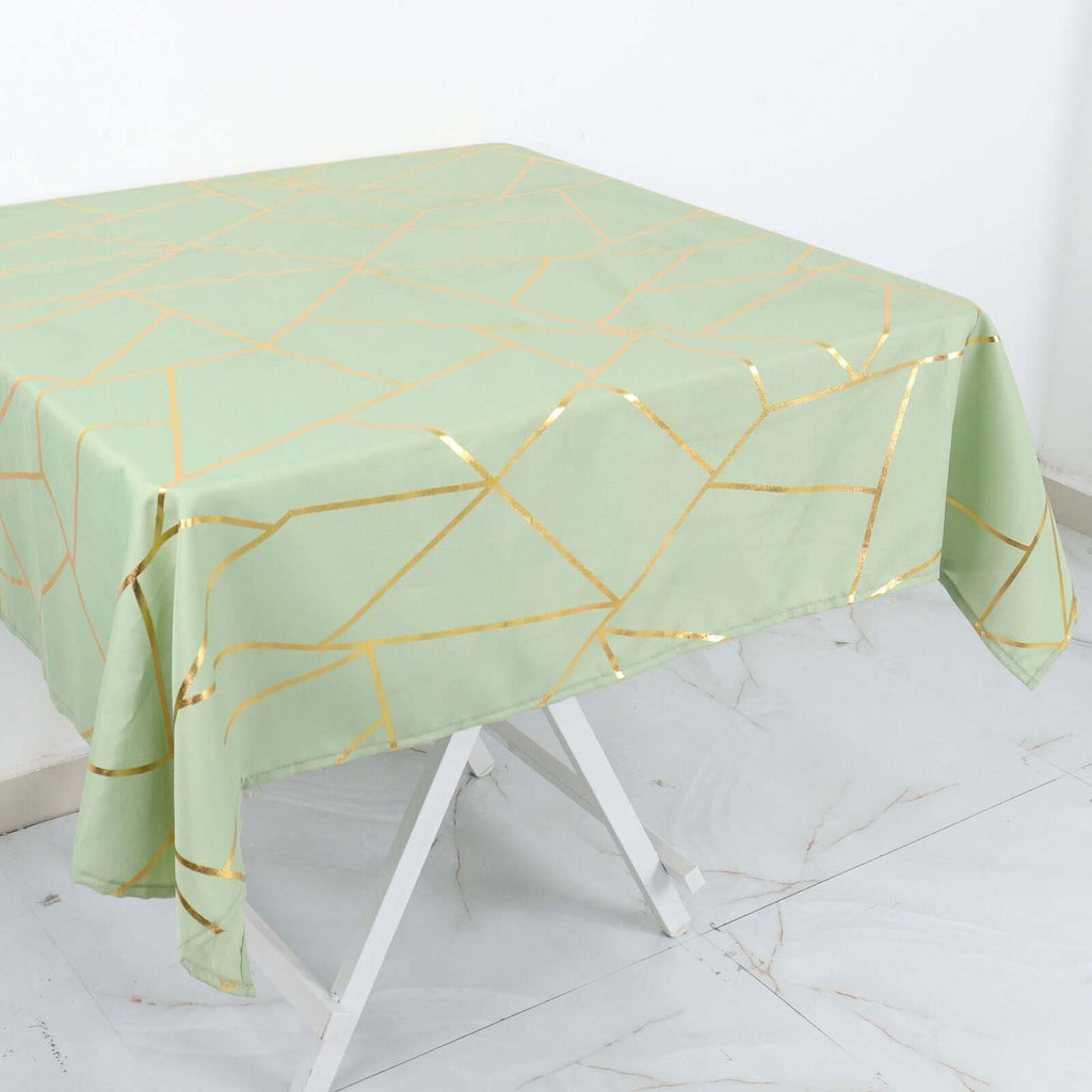 Polyester 54"x54" Square Tablecloth Sage Green with Gold Foil Geometric Pattern - Wrinkle-Resistant & Durable for Stylish Settings