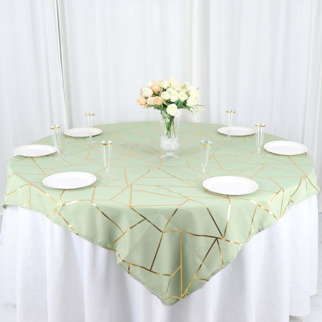 Polyester 54"x54" Table Overlay Square Tablecloth Sage Green with Gold Foil Geometric Pattern - Wrinkle-Resistant & Durable for Stylish Settings