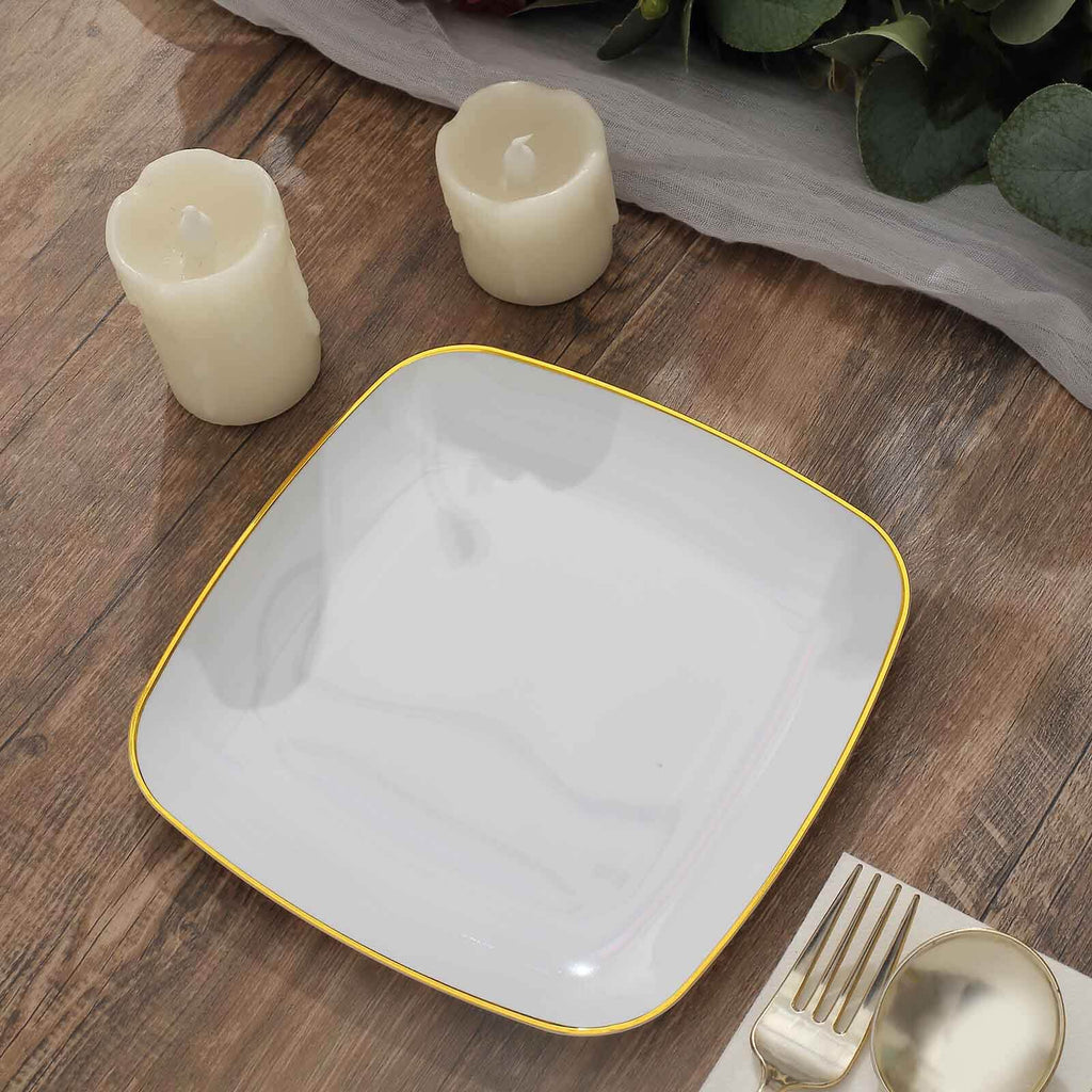 10-Pack Plastic 7" Square Dessert Plates in White with Gold Rim - Classy Disposable Appetizer Salad Plates for Weddings & Special Events