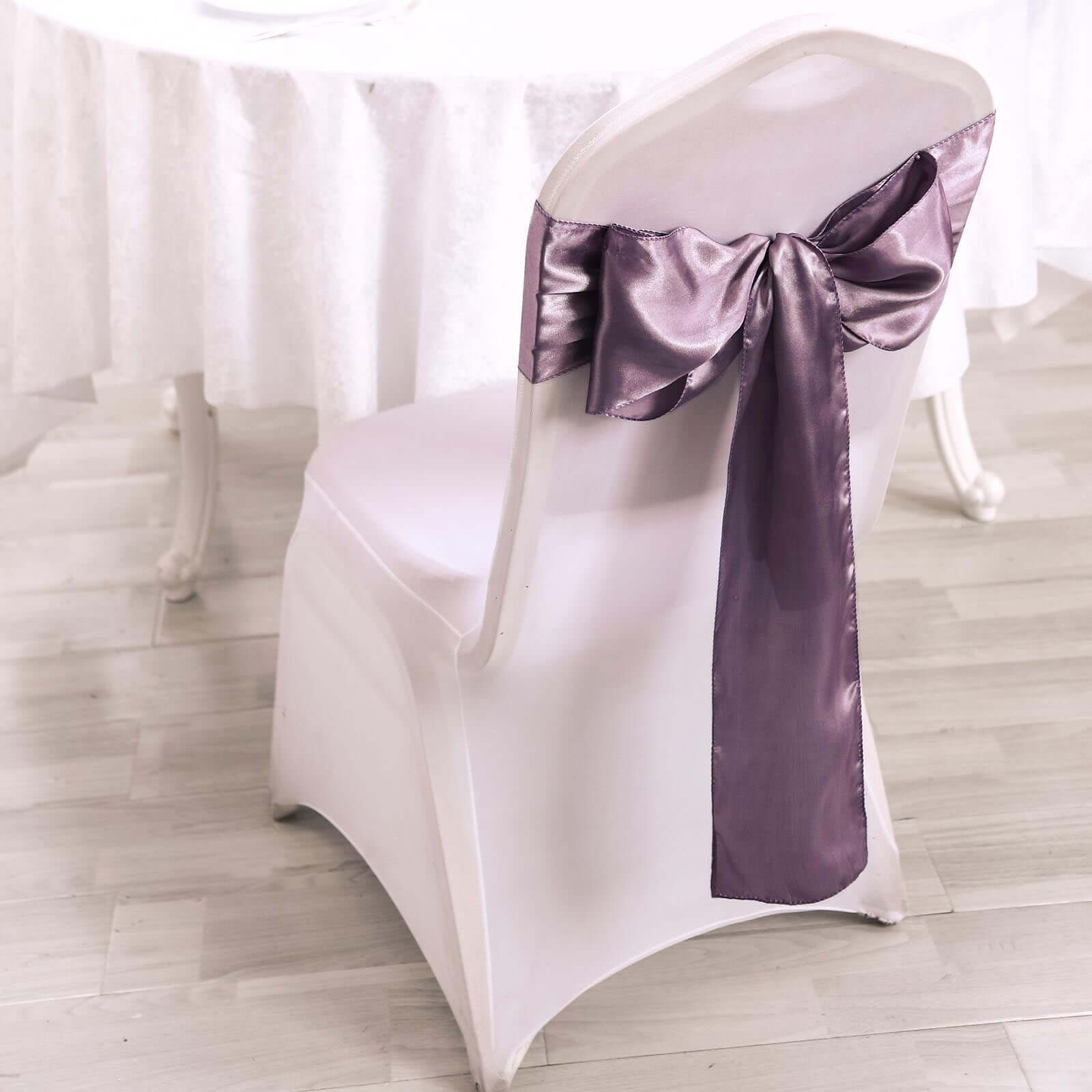 5 Pack Satin Chair Sashes Violet Amethyst - Durable Chair Bows with Shiny Finish 6"x106"