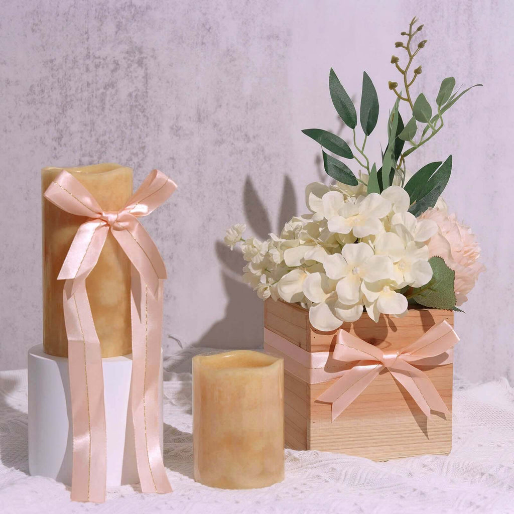 50 PCs 10" Blush Pre Tied Ribbon Bows, Satin Ribbon With Gold Foil Lining For Gift Basket and Party Favors Decor
