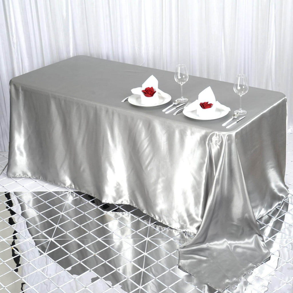Satin Rectangular 90"x132" Tablecloth Silver - Seamless Table Cover