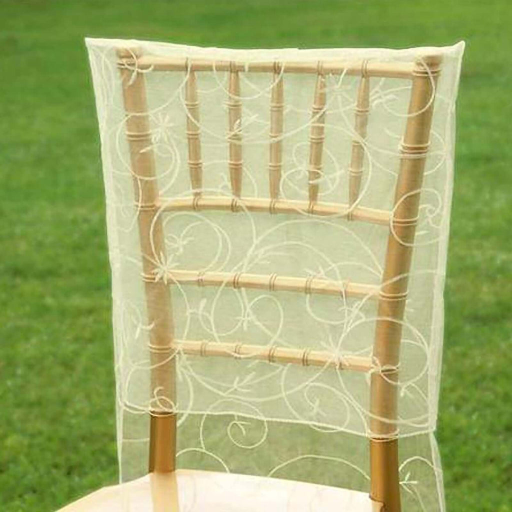 Organza Chair Slipcover with Satin Embroidery for Chiavari Chairs Ivory - Chair Back Cover