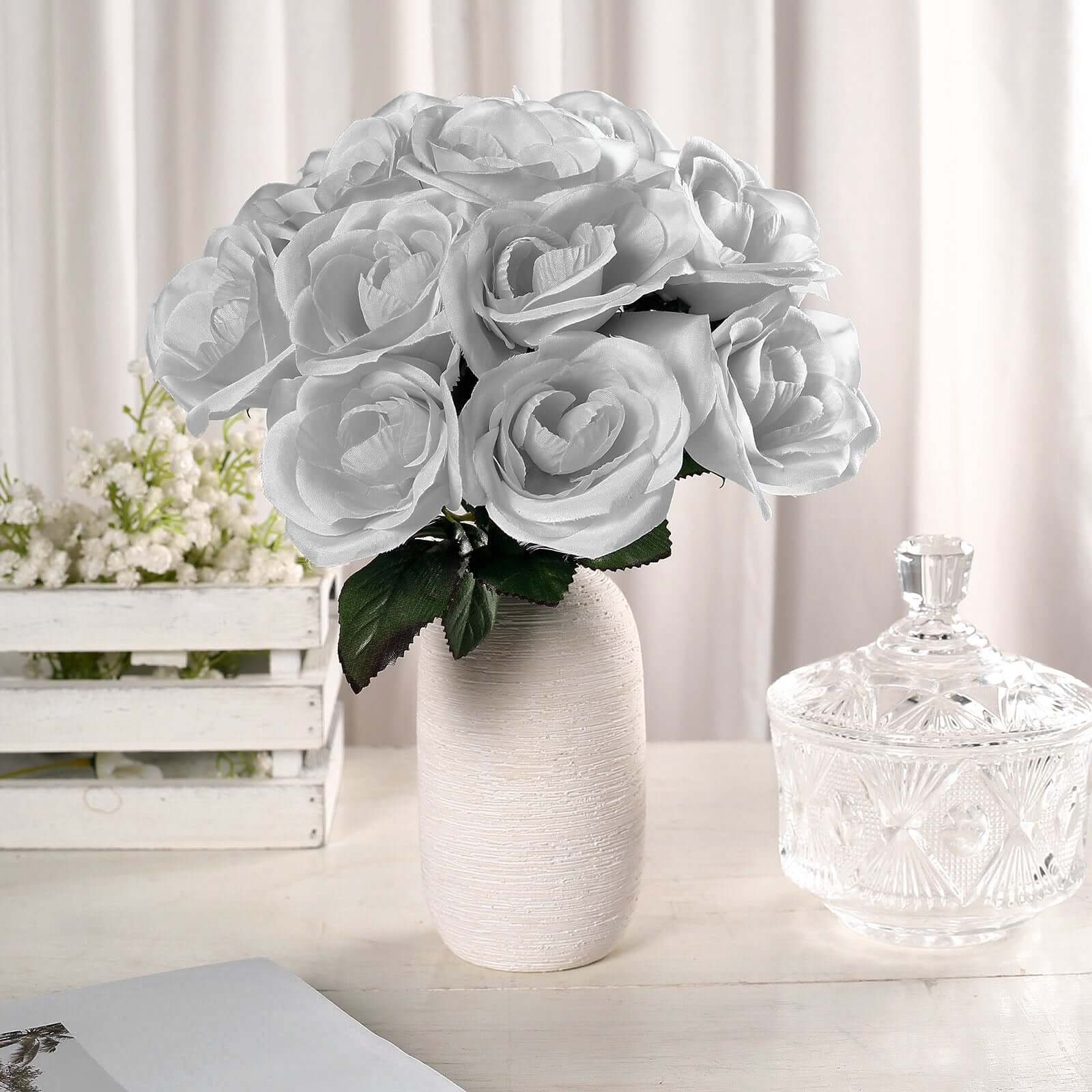 12" Silver Artificial Velvet-Like Fabric Rose Flower Bouquet Bush