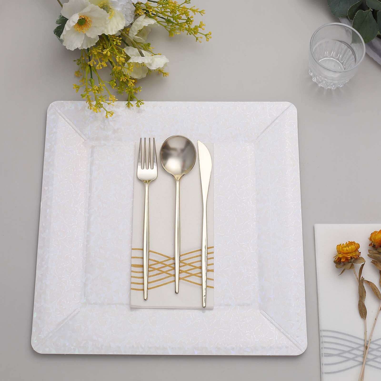 10-Pack Disposable Square Charger Plates in Iridescent with Leather Like Texture - 1100GSM Durable Paper Chargers 13"