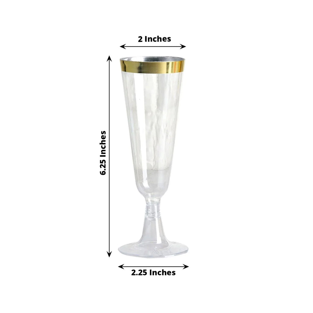 12-Pack Plastic Champagne Flutes Clear with Gold Rim - Stylish Disposable Cocktail Glasses for Parties 5oz 6"