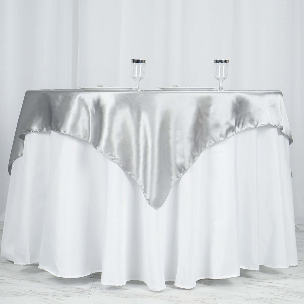 Satin 60"x60" Table Overlay Square Tablecloth Silver - Smooth Silky Touch Table Cover