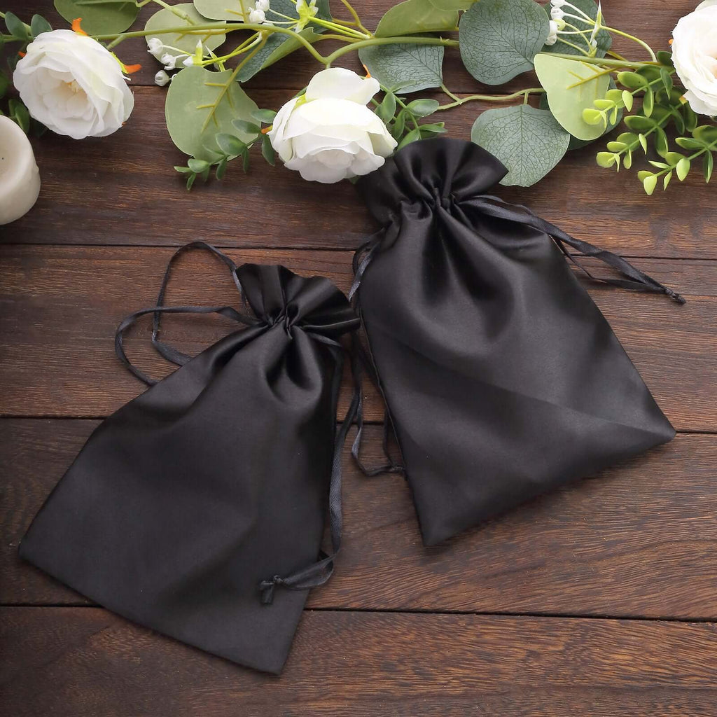 12 Pack 6"x9" Black Satin Drawstring Wedding Party Favor Gift Bags