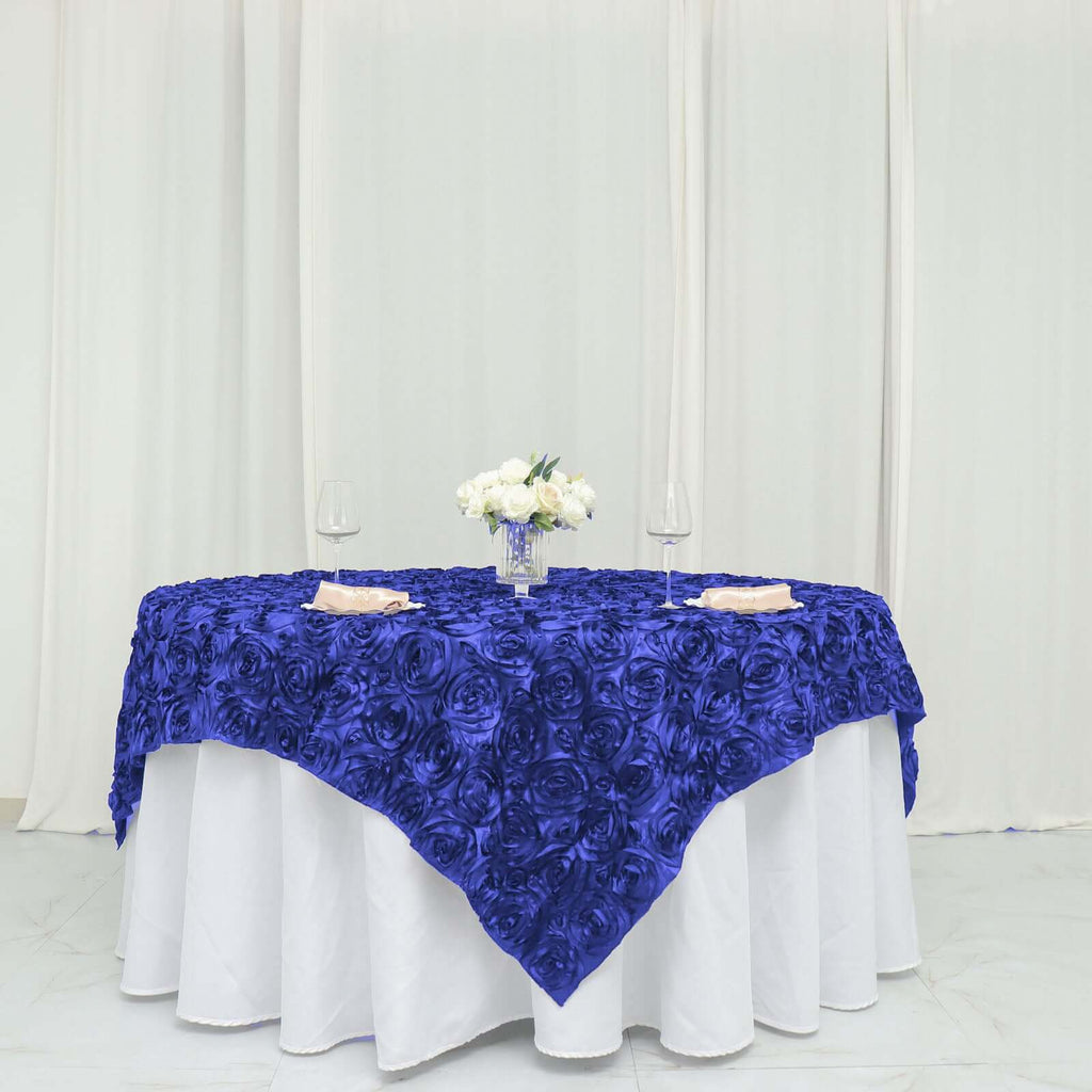 Satin 72"x72" Table Overlay Square Tablecloth Royal Blue - 3D Rosette Table Cover