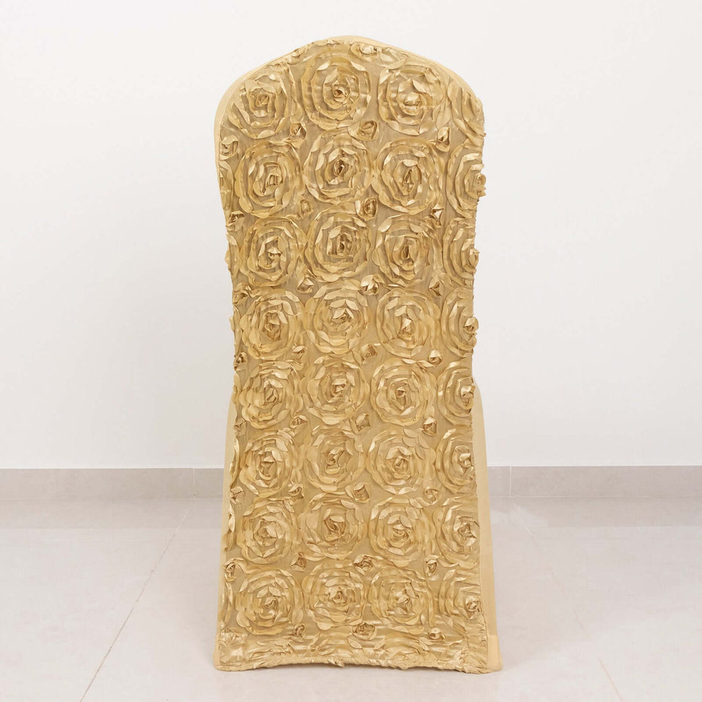 Satin Rosette Chair Cover for Banquet Chairs Champagne - Stretch Fitted Slip-On Slipcover