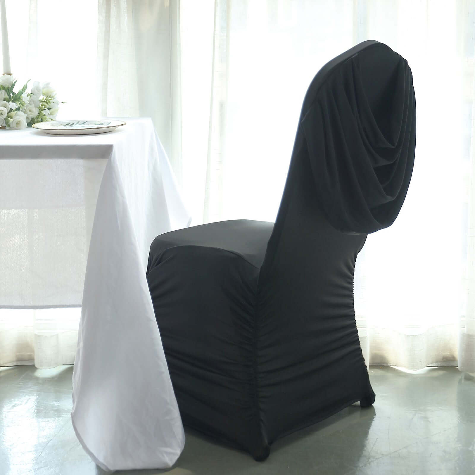 Spandex Chair Cover with Ruched Swag Back and Foot Pockets for Banquet Chairs Black - Fitted Slipcover