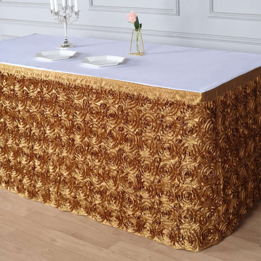 Rosette Satin 21ft Table Skirt Gold - 3D Floral Table Cover