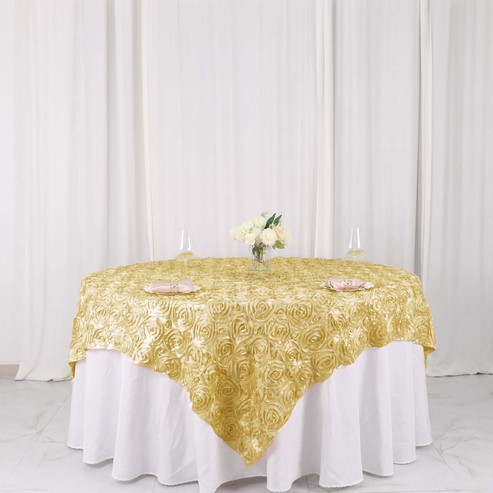 Satin 72"x72" Table Overlay Square Tablecloth Champagne - 3D Rosette Table Cover