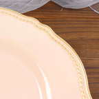 10-Pack Plastic 10" Dinner Plates in Nude with Gold Scalloped Rim - Disposable Large Party Plates