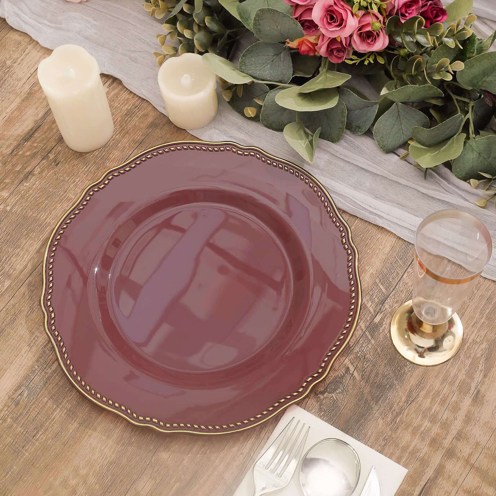 10-Pack Plastic 10" Dinner Plates in Cinnamon Rose with Gold Scalloped Rim - Disposable Large Party Plates