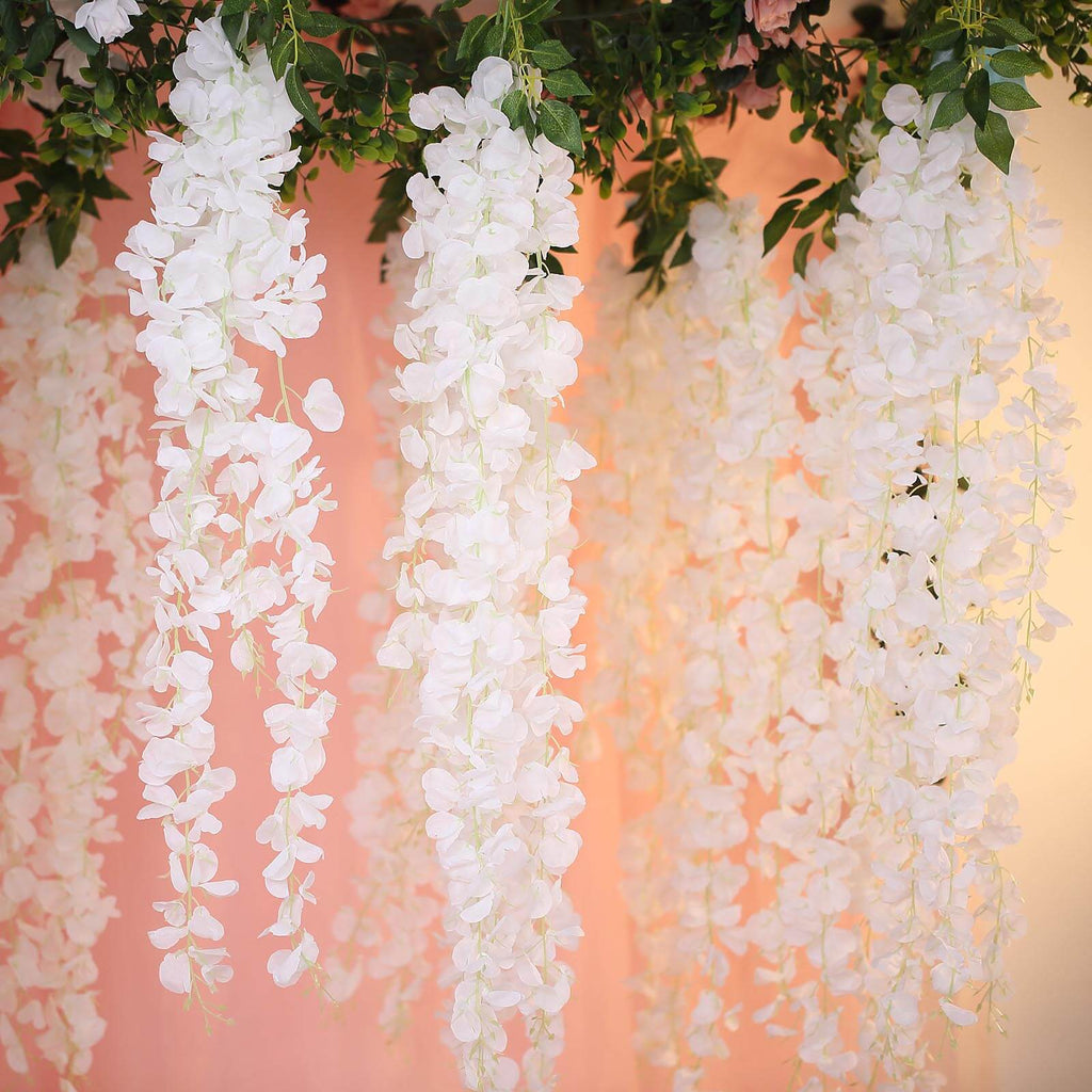 42" Silk Hanging Wisteria Flower Garland Vines in White, Elaborated 5 Full Strands in 1 Bush