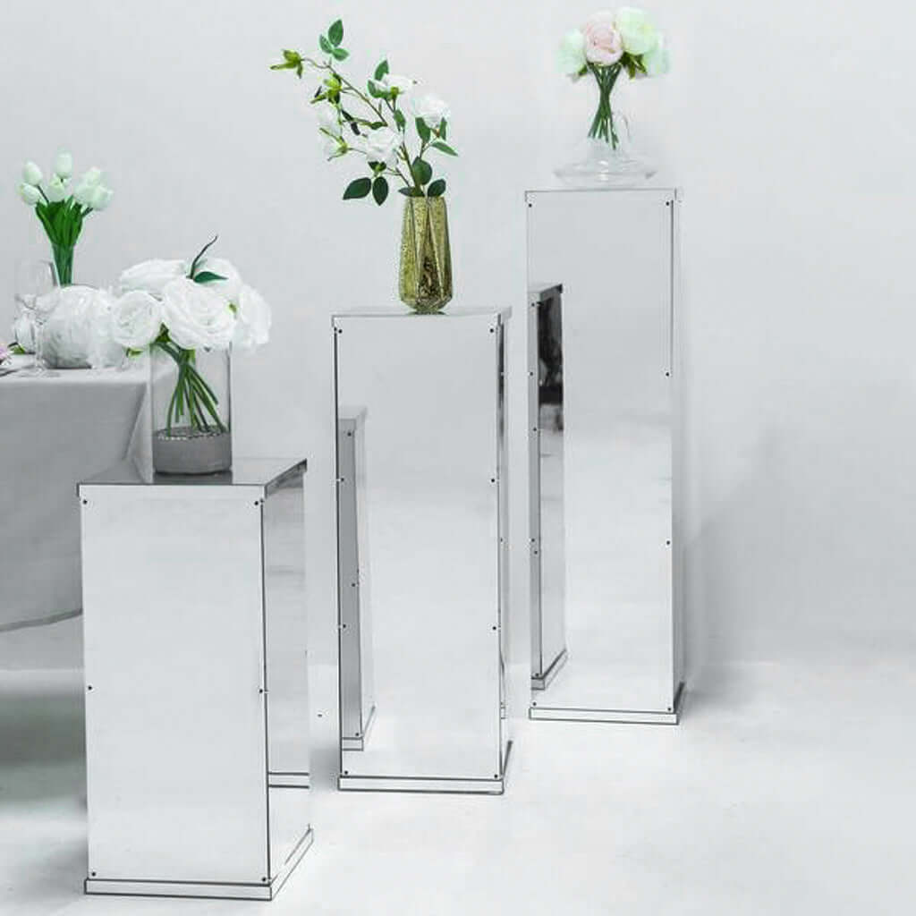 24" Silver Mirror Finish Acrylic Display Box, Pedestal Riser with Interchangeable Lid and Base
