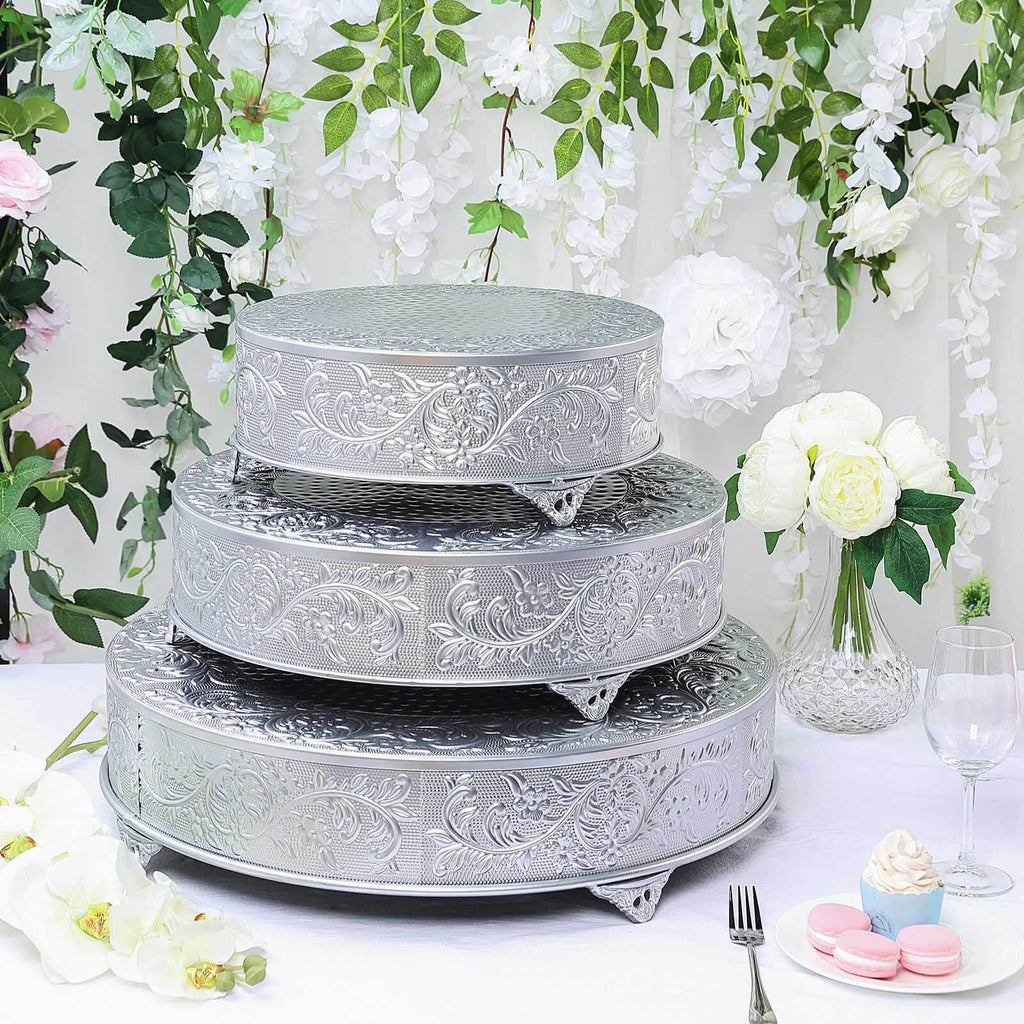 Metal 14" Round Cake Pedestal Stand Matte Silver - Cupcake Dessert Display Riser with Intricate Embossed Design for Upscale Events & Gatherings