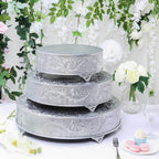 Metal 14" Round Cake Pedestal Stand Matte Silver - Cupcake Dessert Display Riser with Intricate Embossed Design for Upscale Events & Gatherings