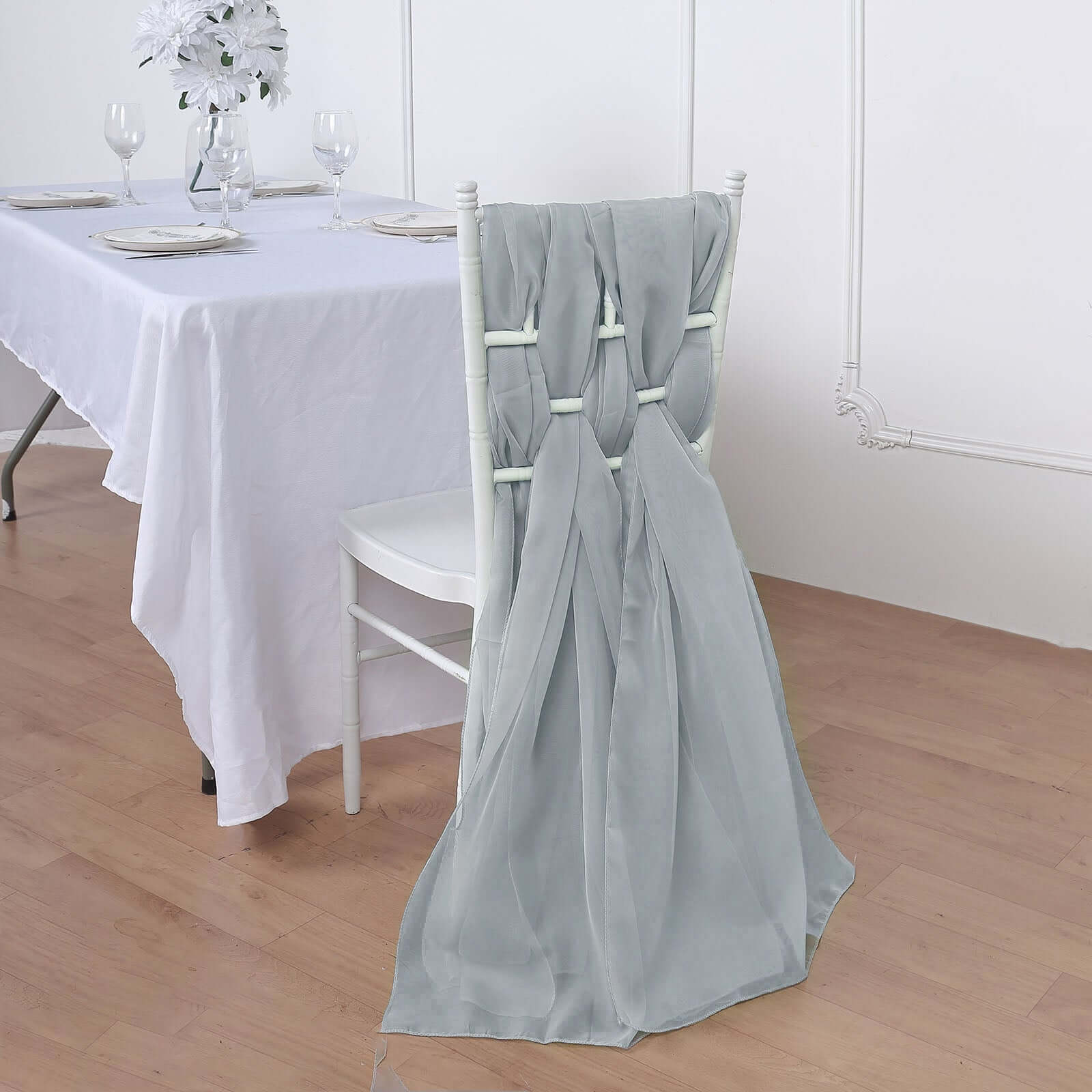 5 Pack Chiffon Chair Sashes SIlver - Soft & Lightweight Designer Chair Bows 22"x78"