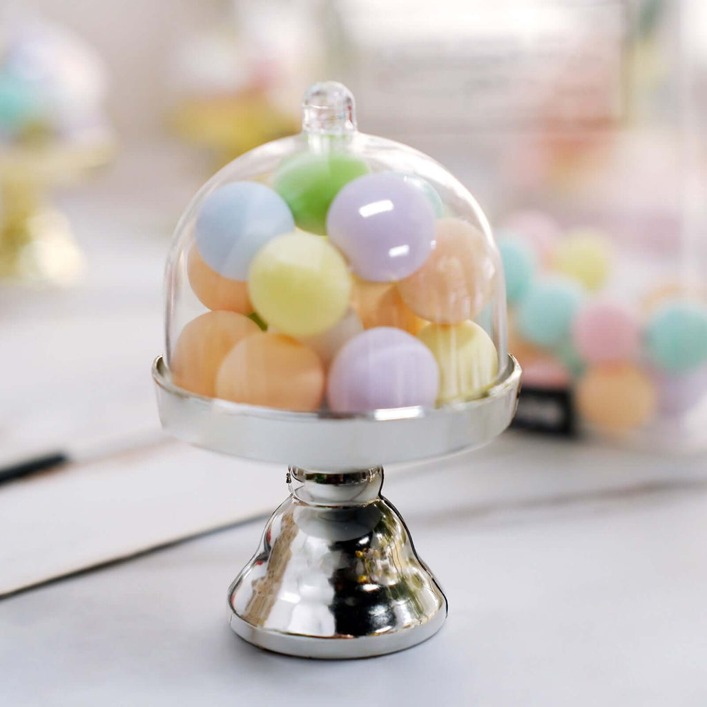 12-Pack Fillable Mini Pedestal Candy Container Clear/Silver - Decorative Candy Treat Favor Boxes with Dome Lid 4"