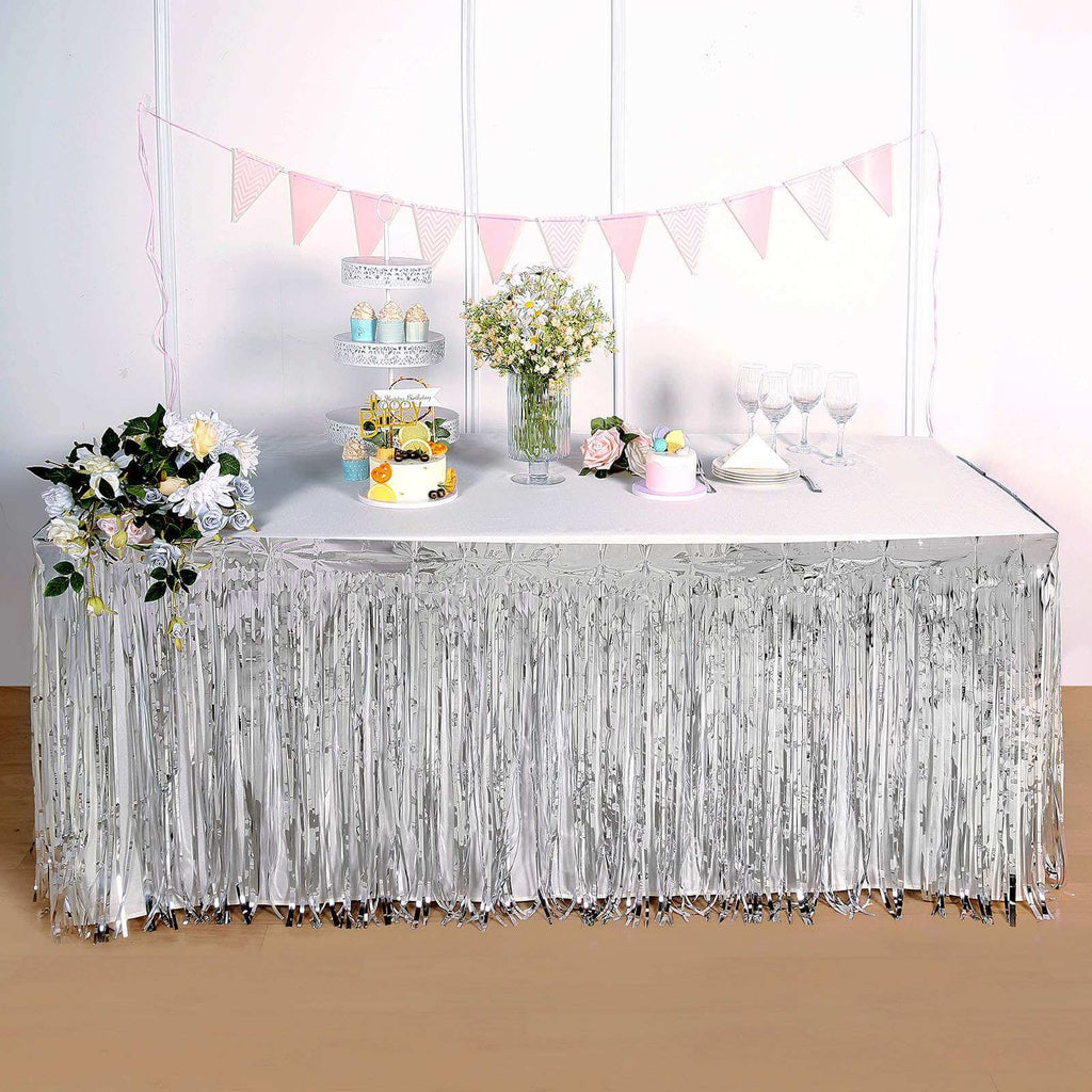 Metallic Foil Fringe Table Skirt Silver with Self Adhesive Backing - Durable Tinsel Skirt for Parties 30"x9ft