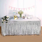 Metallic Foil Fringe Table Skirt Silver with Self Adhesive Backing - Durable Tinsel Skirt for Parties 30"x9ft