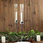 2-Pack Silver Metal Taper Candlestick Holders, Clear Glass Hurricane Candle Stands With Chimney Candle Shades 20"