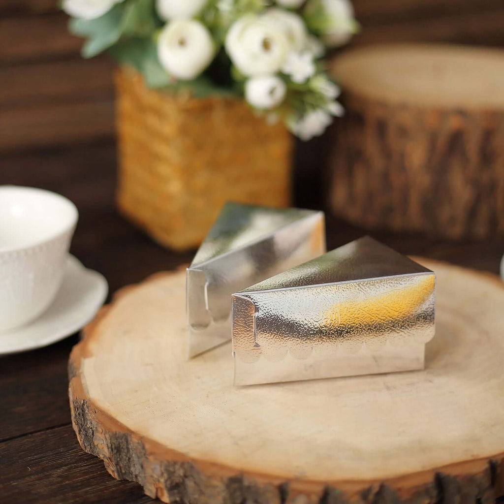 10-Pack Cardstock Triangle Cake Slice Boxes Silver with Scalloped Top 4"x2.5"