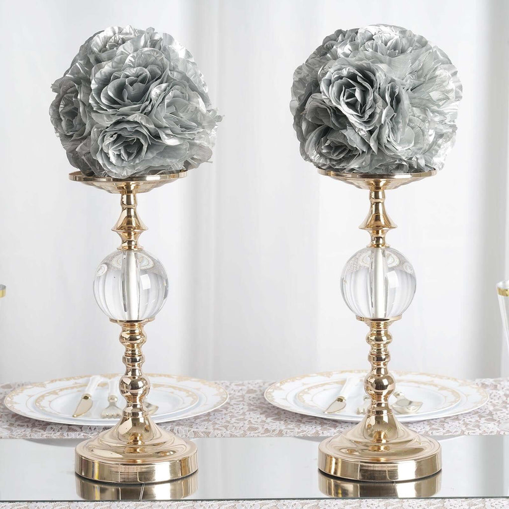 2 Pack 7" Silver Artificial Silk Rose Kissing Ball, Faux Flower Ball