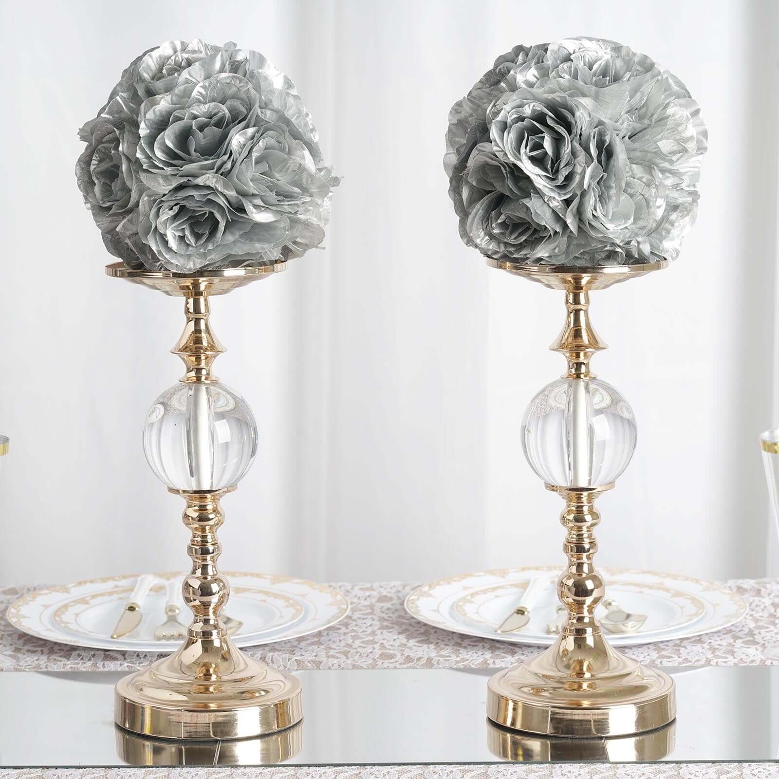 2 Pack 7" Silver Artificial Silk Rose Kissing Ball, Faux Flower Ball