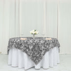 Satin 72"x72" Table Overlay Square Tablecloth Silver - 3D Rosette Table Cover