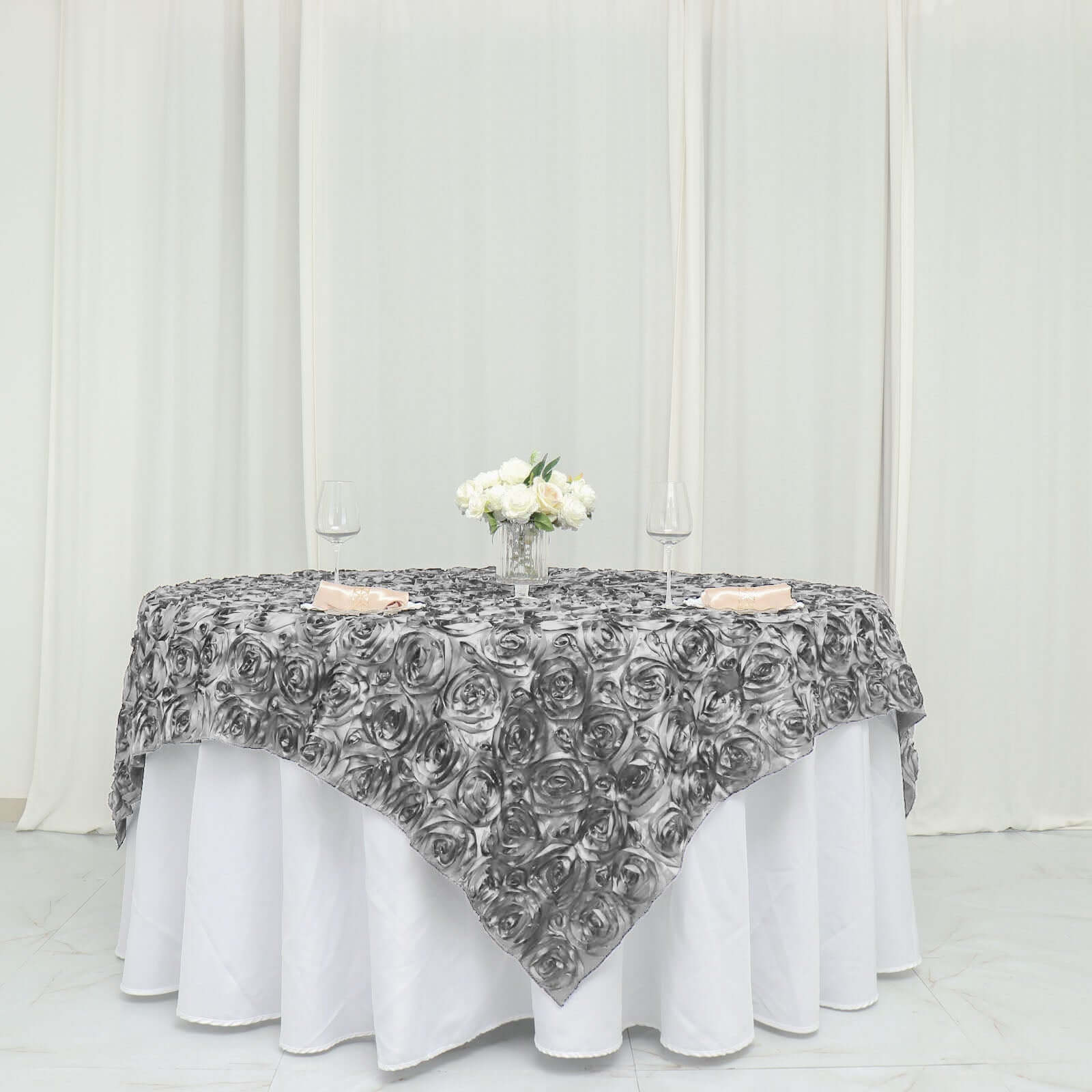 Satin 72"x72" Table Overlay Square Tablecloth Silver - 3D Rosette Table Cover