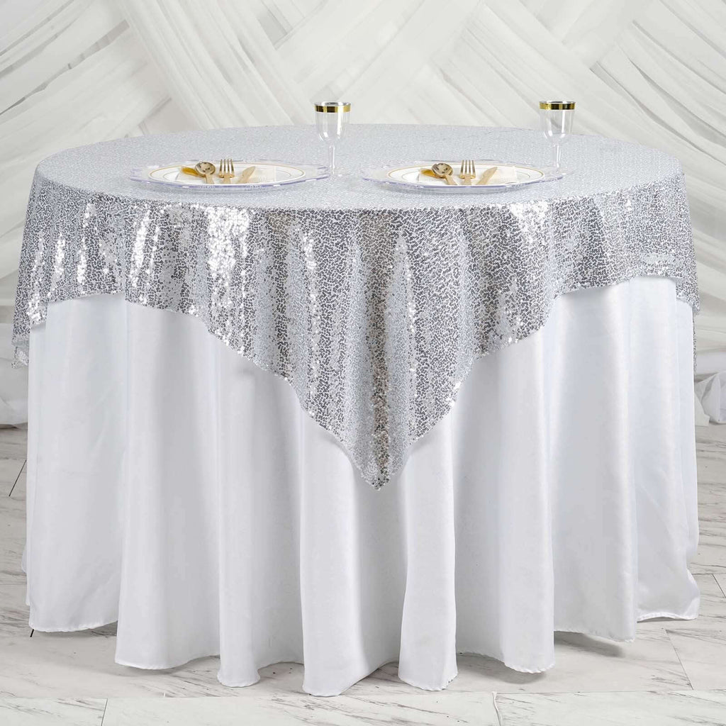 Sequin 60"x60" Table Overlay Square Tablecloth Silver - Luxe Wedding Table Topper